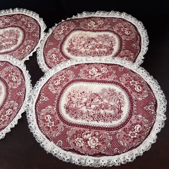 4pc Vintage Oval Quilted Toile Fabric Placemats Set - Picture 5 of 11